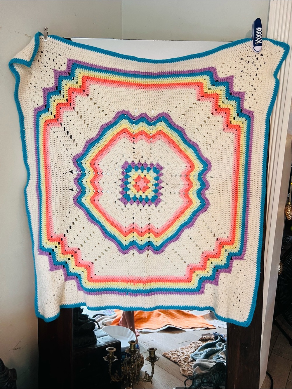 Handmade Cream Pastels Crochet Throw in stellar condition